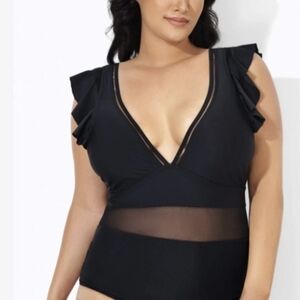 Plus-Size Black Ruffle-Sleeve V-Neck One-Piece Swimsuit